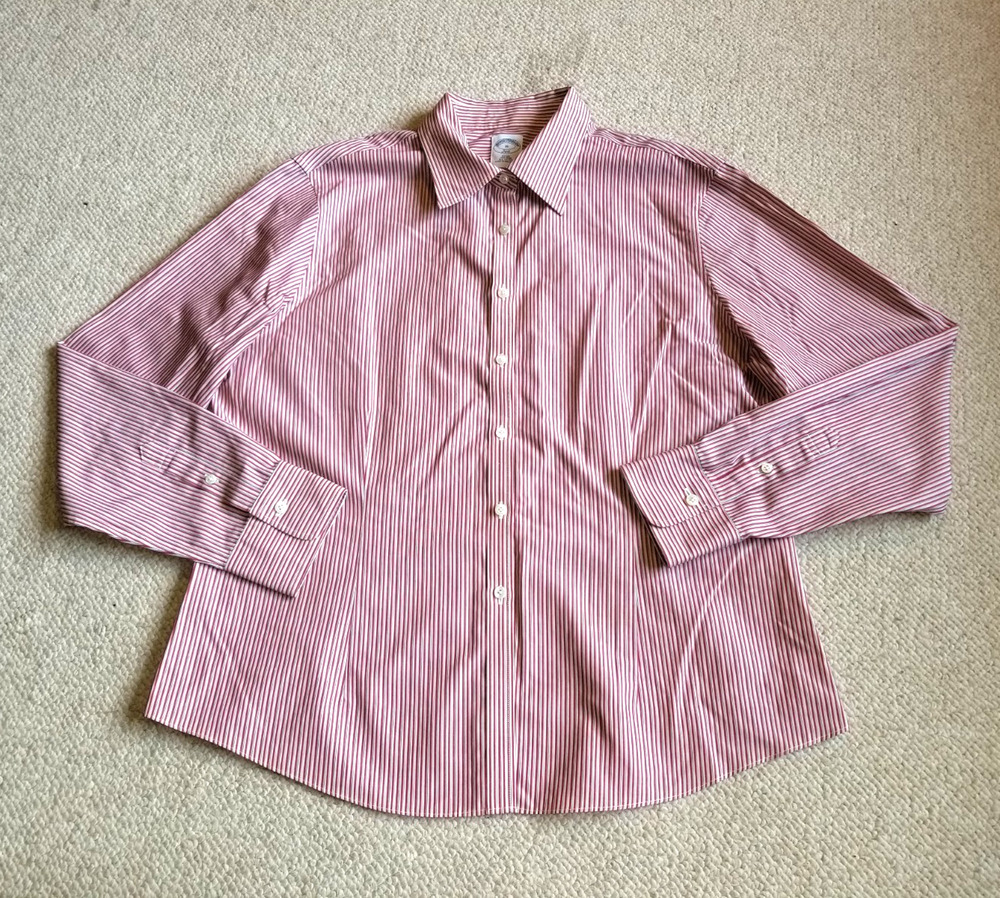 Womens Top-BROOKS BROTHERS 346-white/red striped "Fitted; Non-Iron" button-up-16